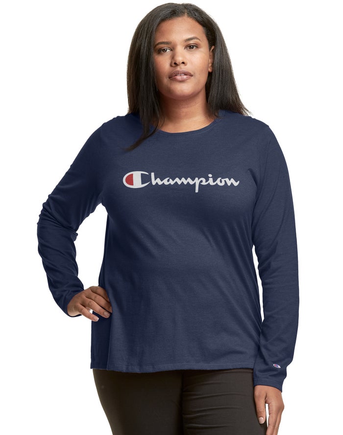 Champion Plus Classic Long-Sleeve Script Logo T-Shirt Dames - Donkerblauw - Belgie 2013EQZCW